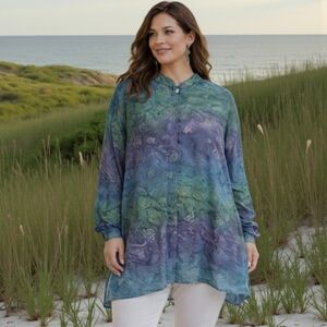 Dana Taylor Woman‎ Floral Blouse 1X Button Up Tunic Watercolor Feminine Romantic